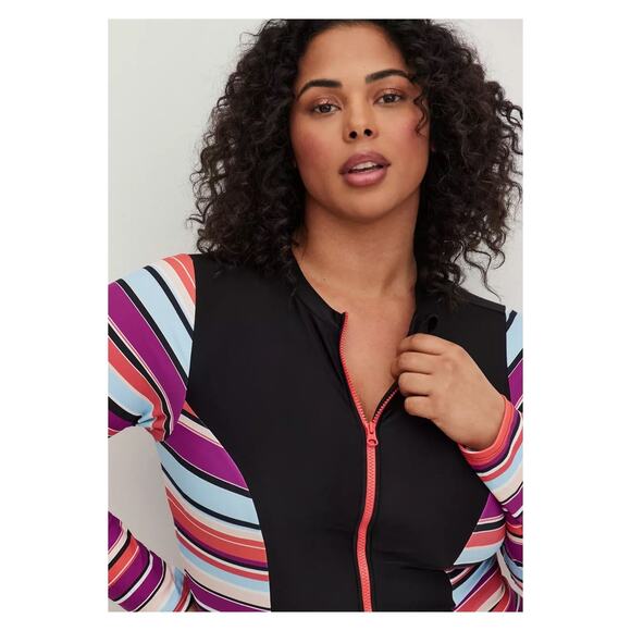 Torrid Stripe Zip Front Rashguard One Piece Swimsuit Sz.3 NWT - Picture 2 of 14